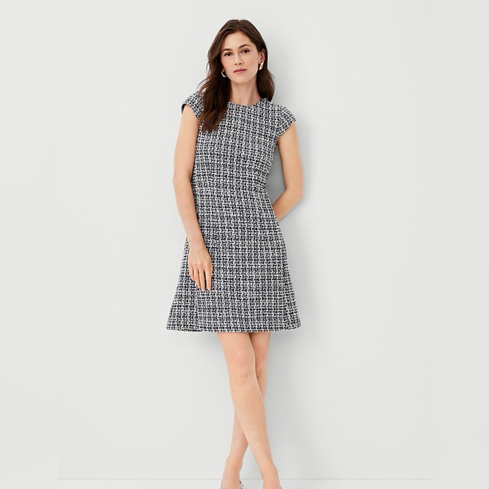 Ann Taylor Boucle Navy and White Crew Neck Dress Size 4